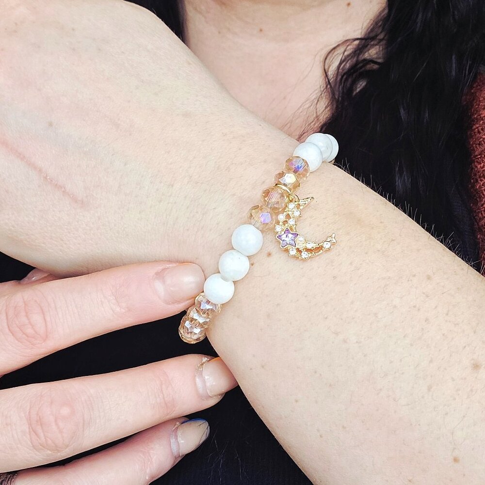 Moonstone & Glass Beads Gemstone Beaded Stretch Bracelet with Moon Pendant